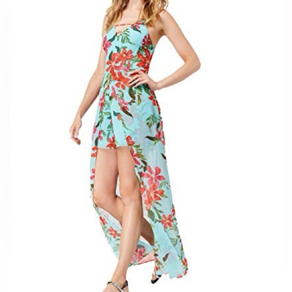 GUESS Women's Uri Floral-Print Walk-Through Romper Coastal Bloom Aqua Print Sz 6